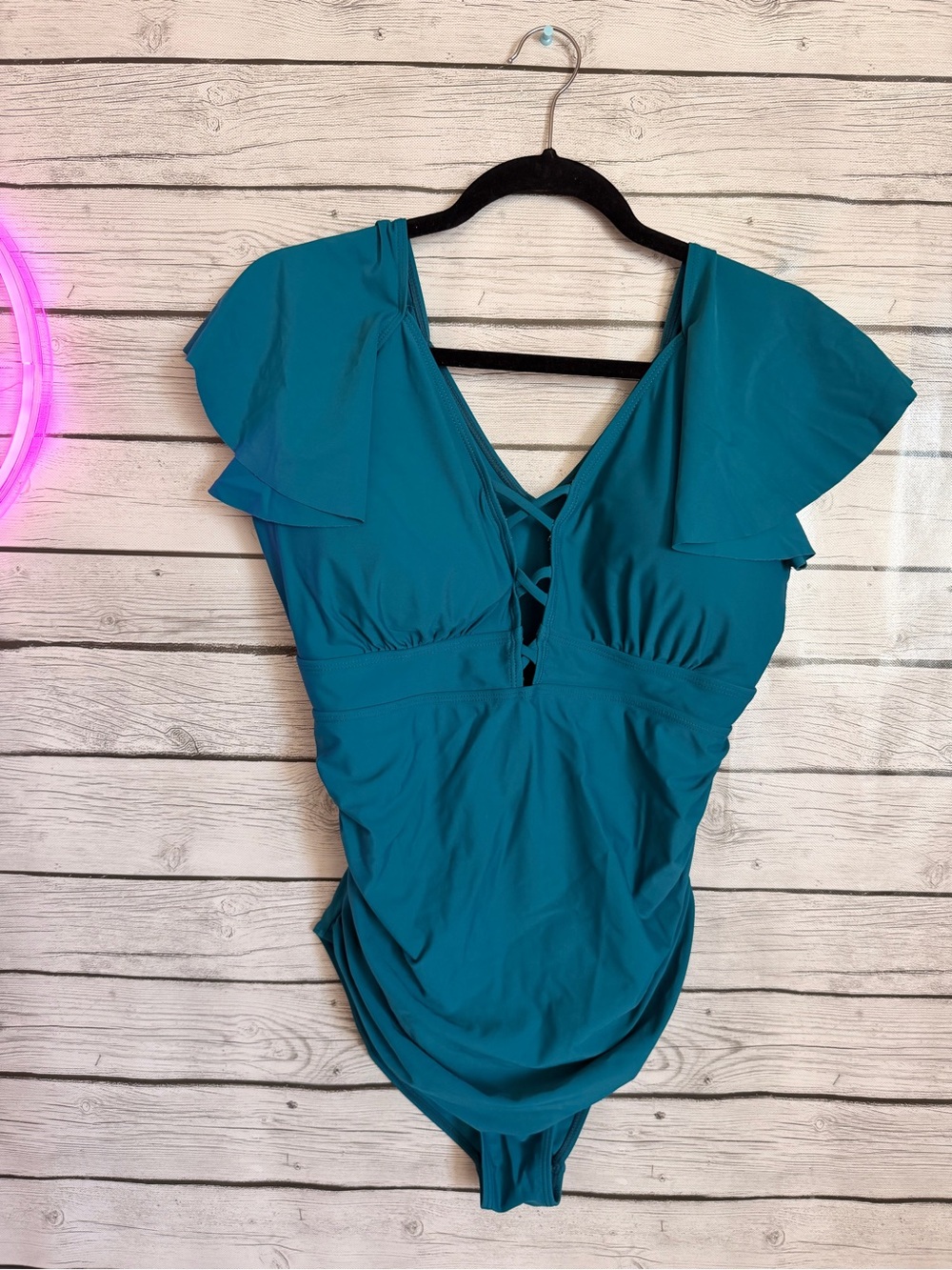 Teal Flutter Sleeve V-Neck Women's Top with Crisscross Detail